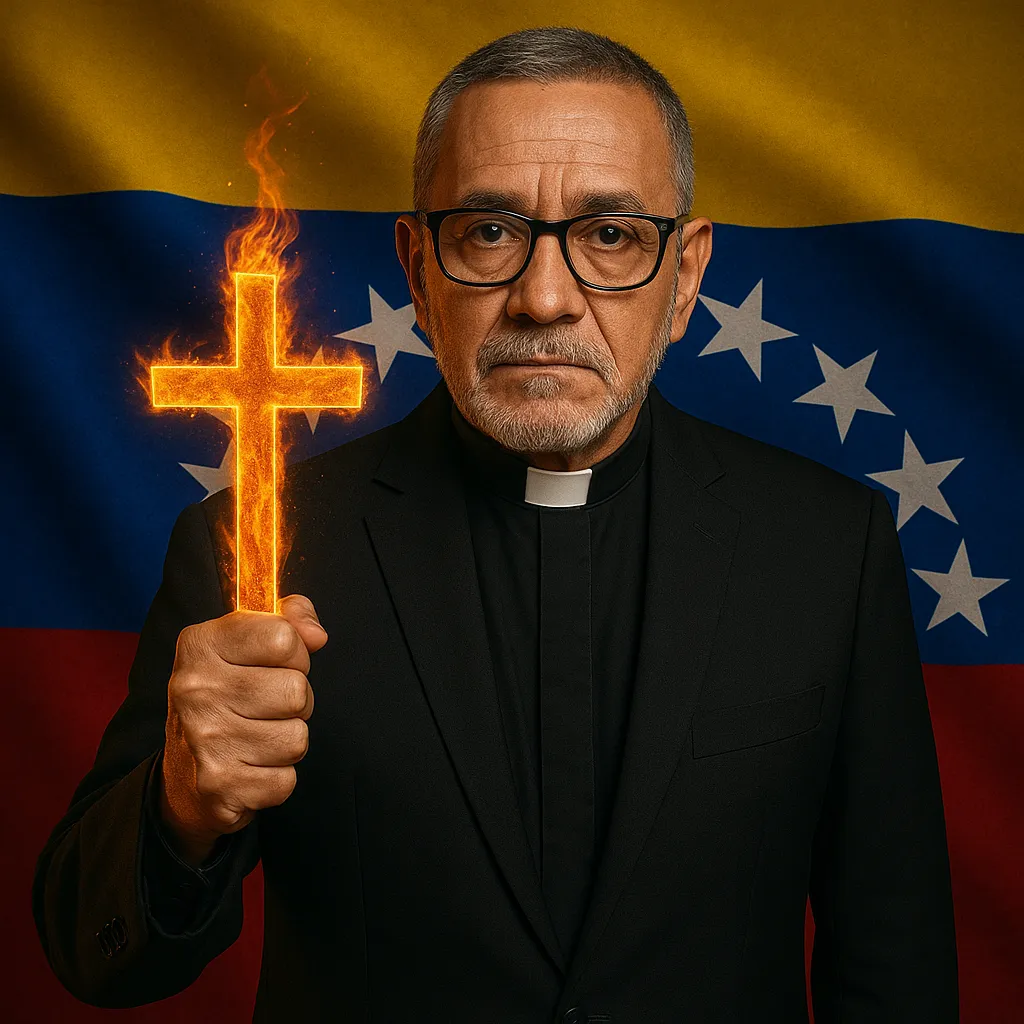 Padre José Palmar con una cruz y la bandera de Venezuela